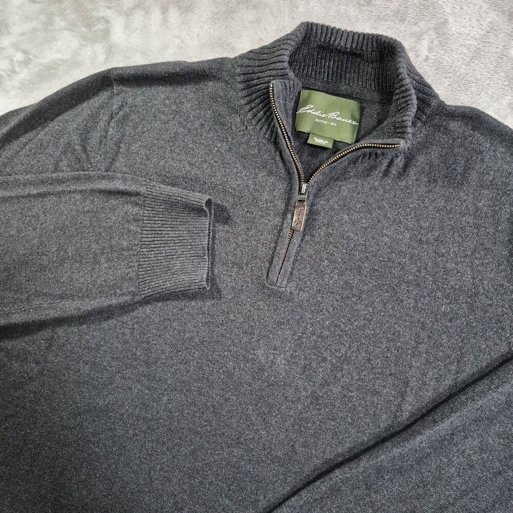 Eddie Bauer Sweater Mens 3XLT Gray 1/4 Zip Mock Neck Cotton Cashmere Long Sleeve
